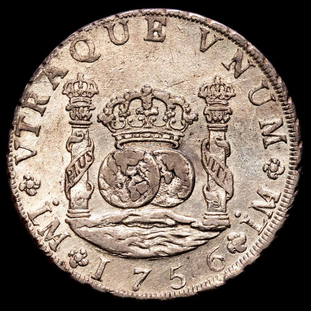Fernando VI (1746-1759). 8 reales. 1756. Lima. JM. (Cal-462). Ag. 26,88 gramos. Brillo original. EBC+. Ex Ponterio 32 – 27 Mayo 1988, n. 786.