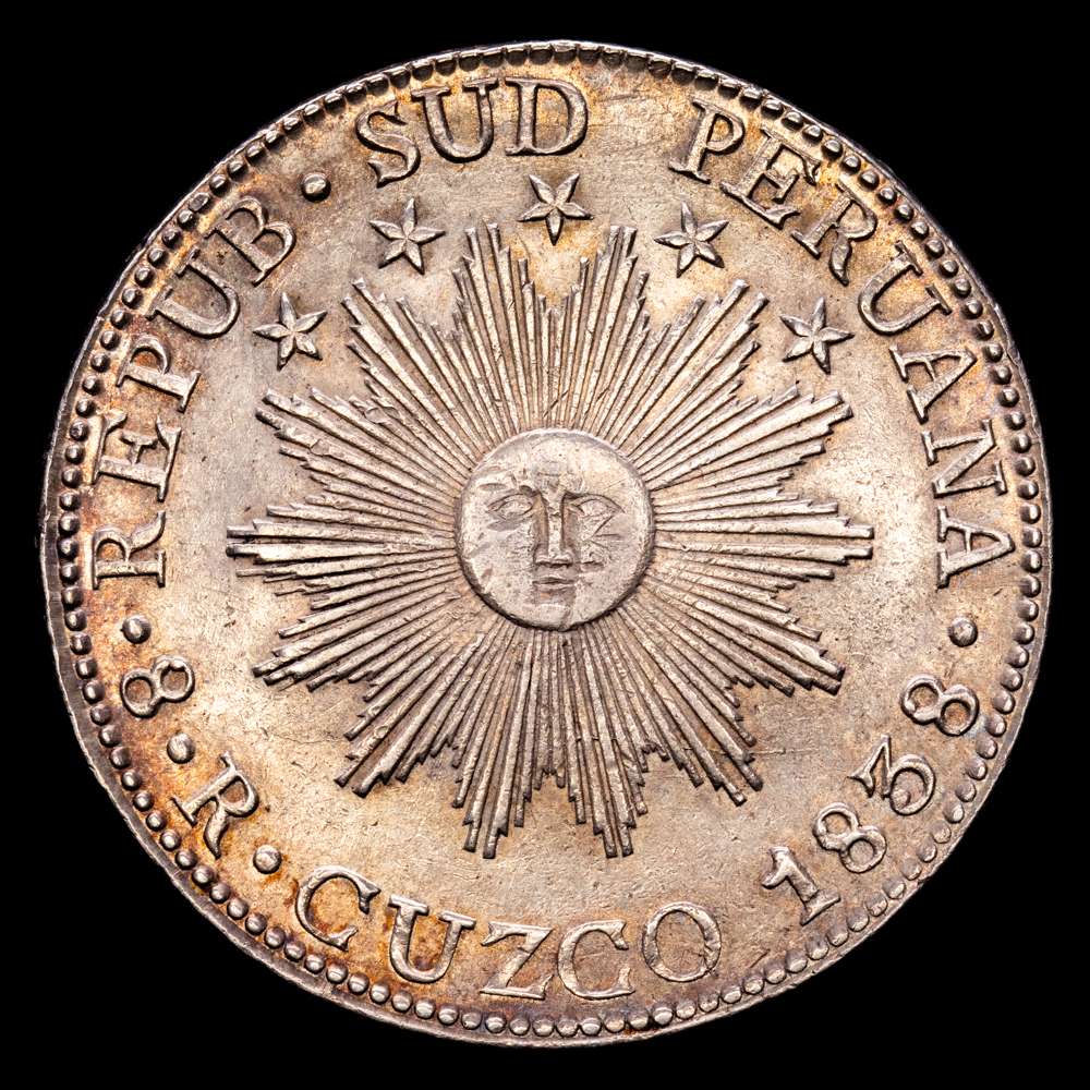 Perú. 8 reales. 1838. Cuzco. MS. (Km-170,4). Ag. 26,46 gramos. Leyenda CONFEDERACIÓN. Bonita pátina. Buen ejemplar. EBC.