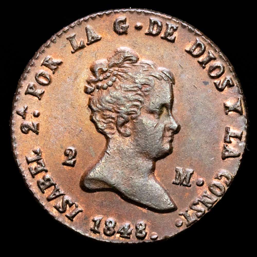 Isabel II. 2 Maravedís (2,56 g.).1848. Segovia. AC-60. XF+. R.B.O.