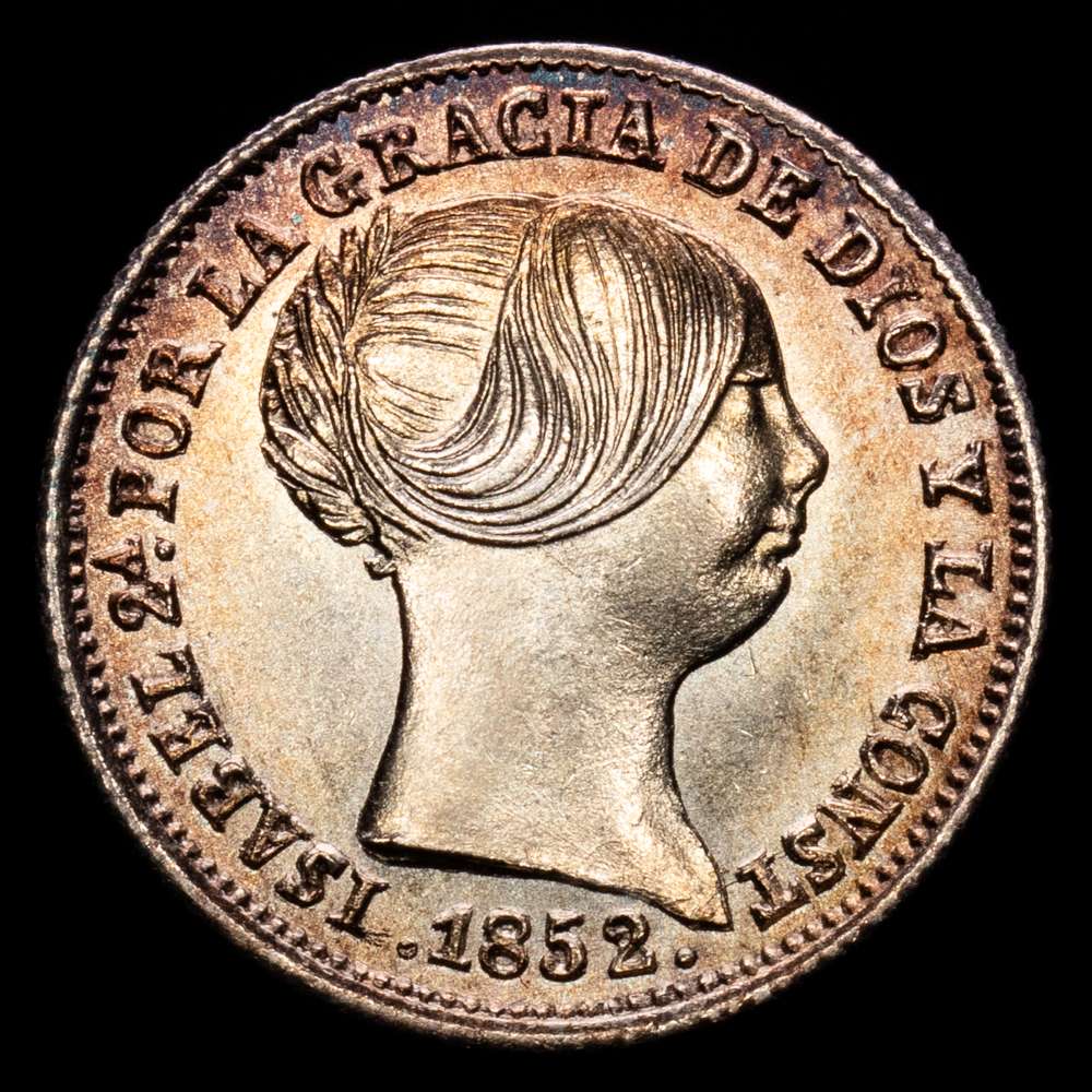 Isabel II (1833-1868). 1 real. 1852/1. Sevilla. (Cal-No cita). Ag. 1,43 gramos. Sobrefecha. Gran parte de brillo originales. Escasa. EBC+/SC. Suave tono.