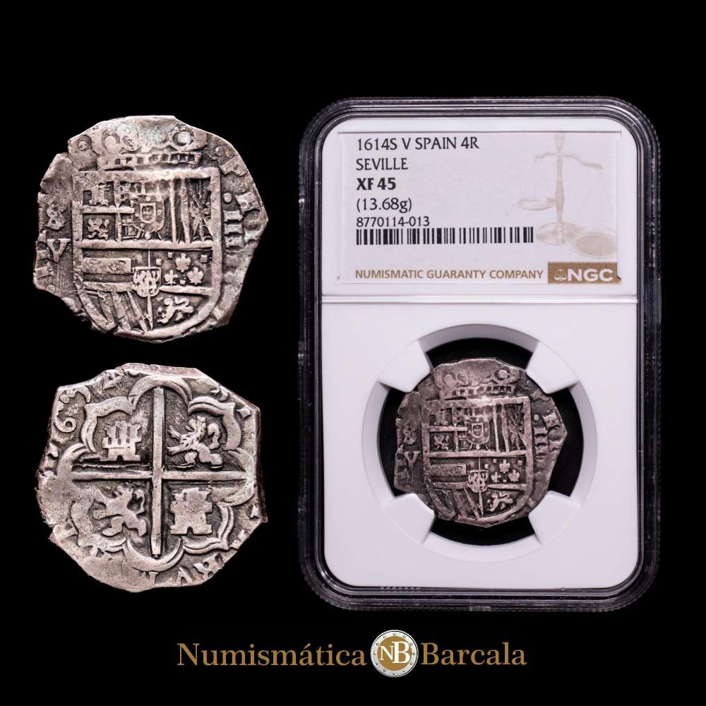 Felipe III (1598-1621). 4 reales. 1614. Sevilla. V. (Cal-814). (Jarabo-Sanahuja-B415). Ag. 13,68 gramos. Fecha completa. Rara así. Encapsulada por NGC como XF 45.