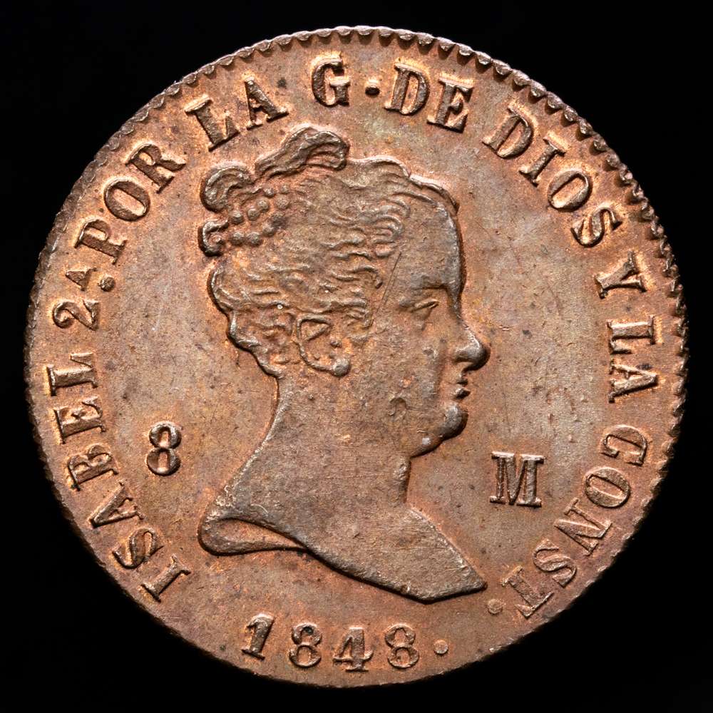 Isabel II (1833-1868). 8 maravedís. 1848. Jubia. (Cal-115). Ae. 8.91 gramos. Atractivo ejemplar. Precioso color.  Parte de brillo original. Rara así. SC-.