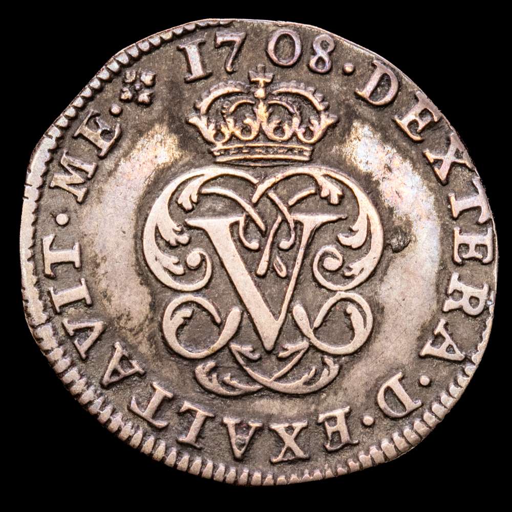 Felipe V (1700-1746). 2 reales. 1708. Segovia. Y. (Cal-940). Ag. 4,41 gr. Palma derecha sobre palma izquierda. Atractiva y escasa. Pátina oscura. VF+.