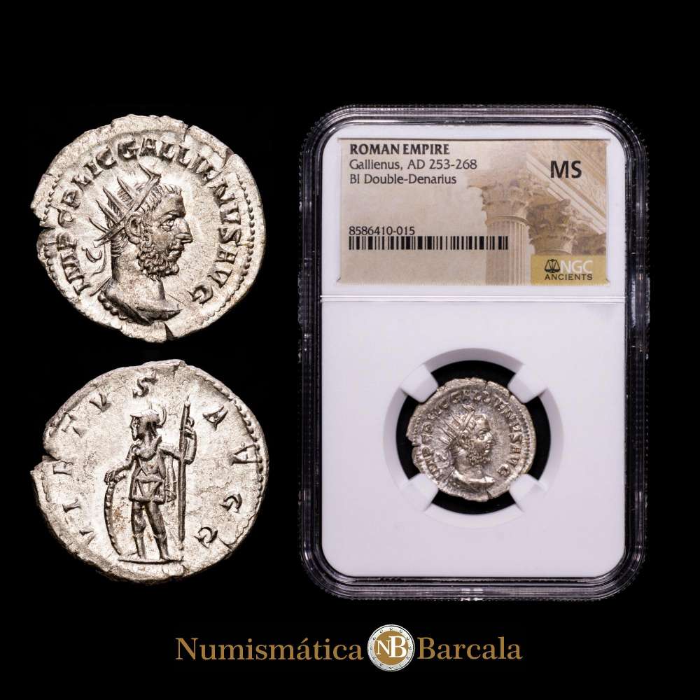 Galieno. Antoniniano.  Roma. 253-268 d.C.. (Plata, 3,43 g). MIR 38t. RIC 181. Bello ejemplar con un retrato excepcionalmente fino. Encapsulada por NGC como MS.