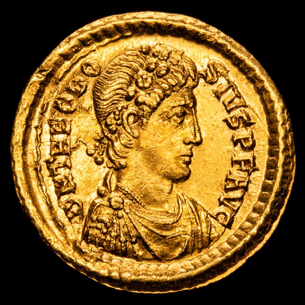 Teodosio I 379-395. Sólido 383-388, Constantinopla.  4.43 g. C.11; RIC 231, 71b. Leves marquitas. Restos de brillo original. Bonito color. MBC+. Escasa.