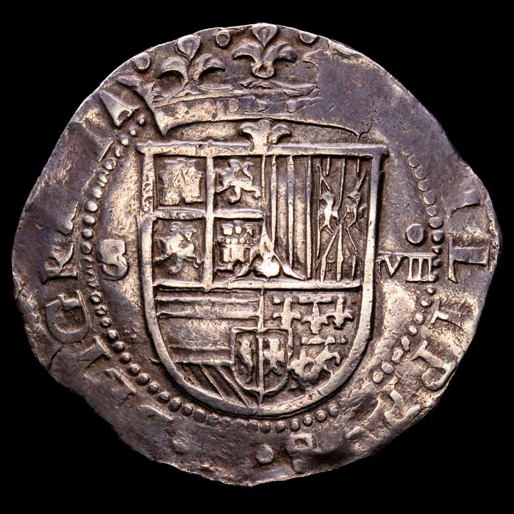 Felipe II (1556-1598). 8 reales. ND (ca. 1588). Sevilla. (Cal-720). (Jarabo-Sanahuja-A558). Ag. 27,15 gramos. Ensayador “D cuadrado” en el reverso. Pátina suave. EBC.