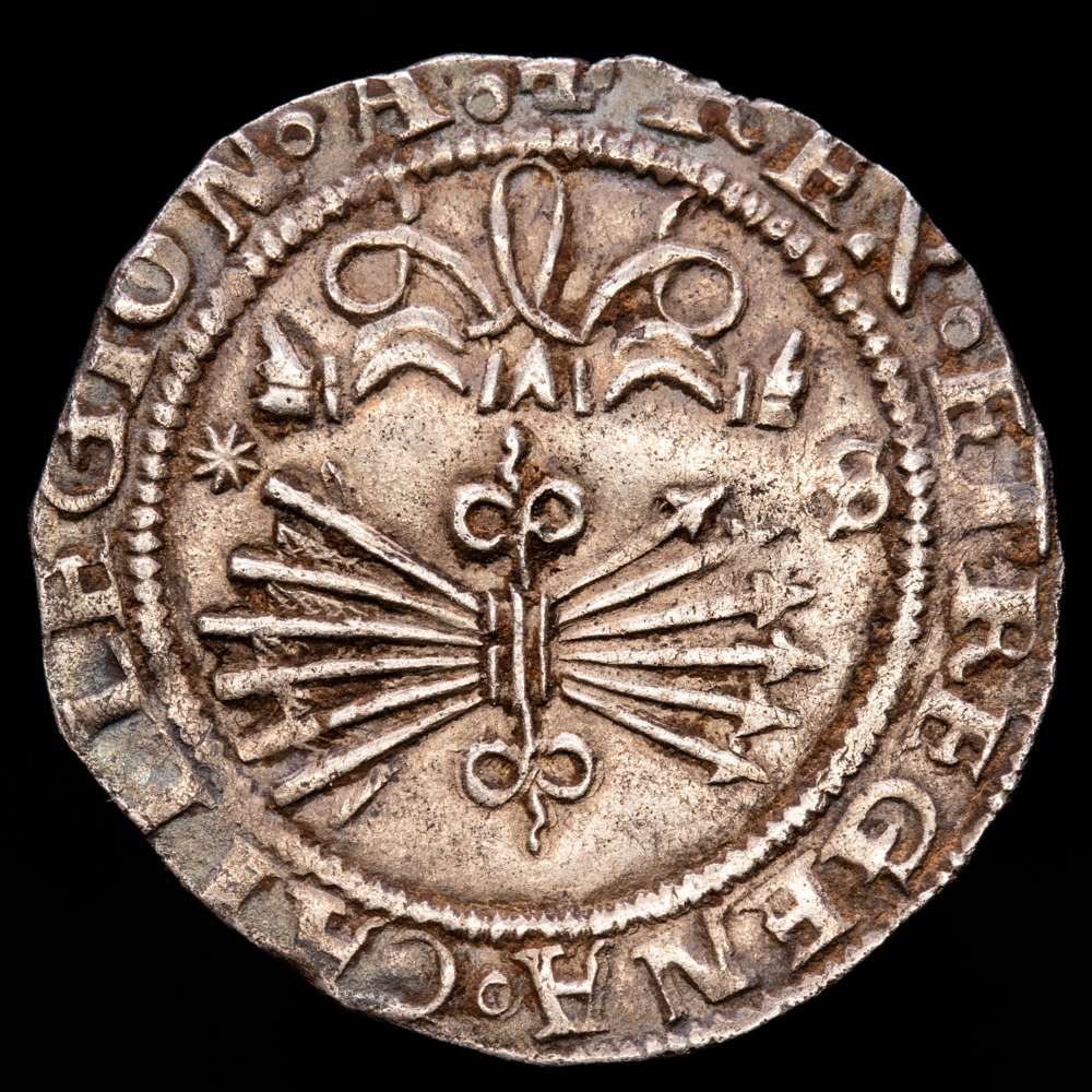 Fernando e Isabel (1474-1504). 1 real. Sevilla. (Cal-415). Ag. 3,43 g. S y estrella de 8 puntas en reverso. Leyendas completas. Escasa. Pátina. VF+.