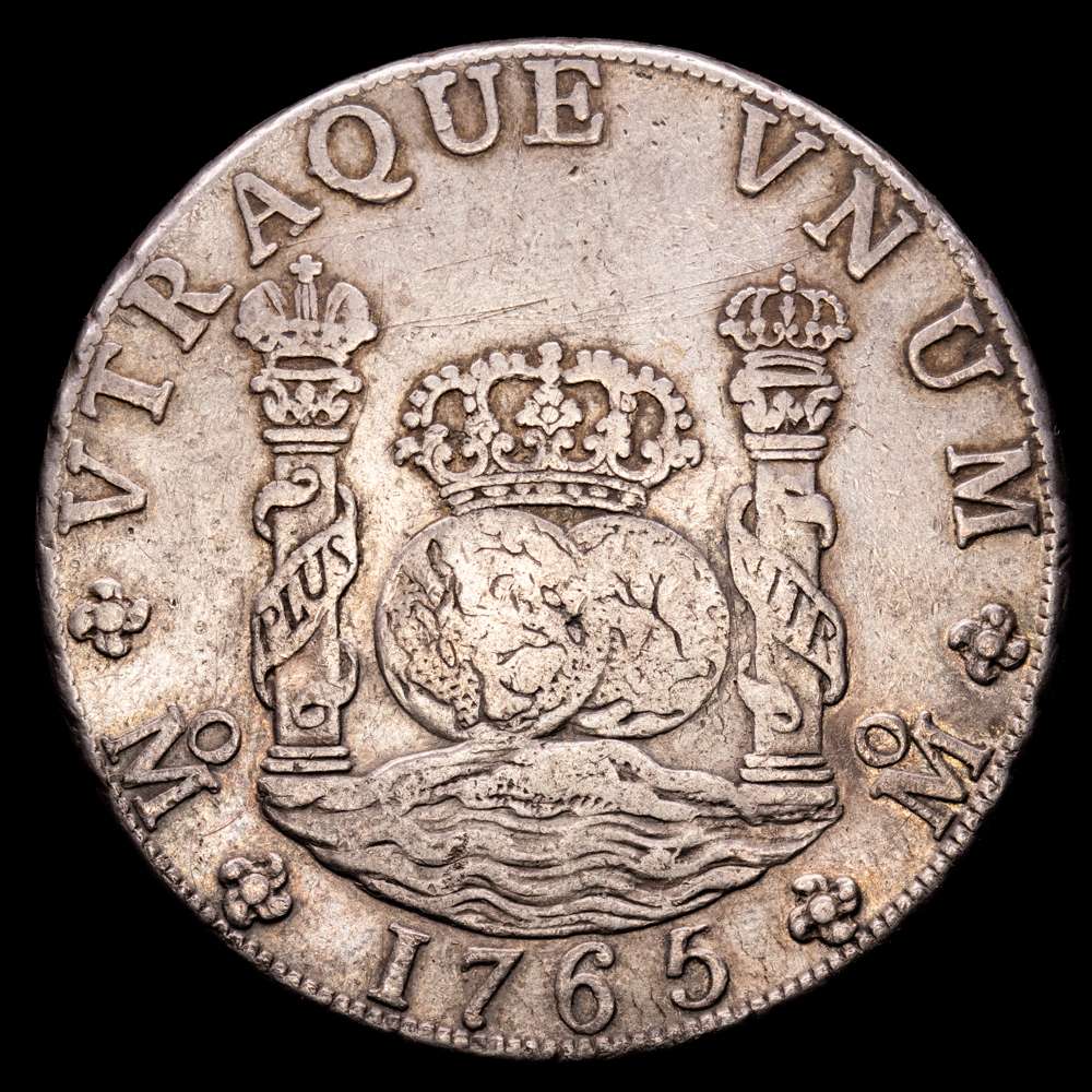 Carlos III (1759-1788). 8 reales. Columnario. 1765. México. MF. (Cal-1088). Ag. 26,88 gramos. MBC+.