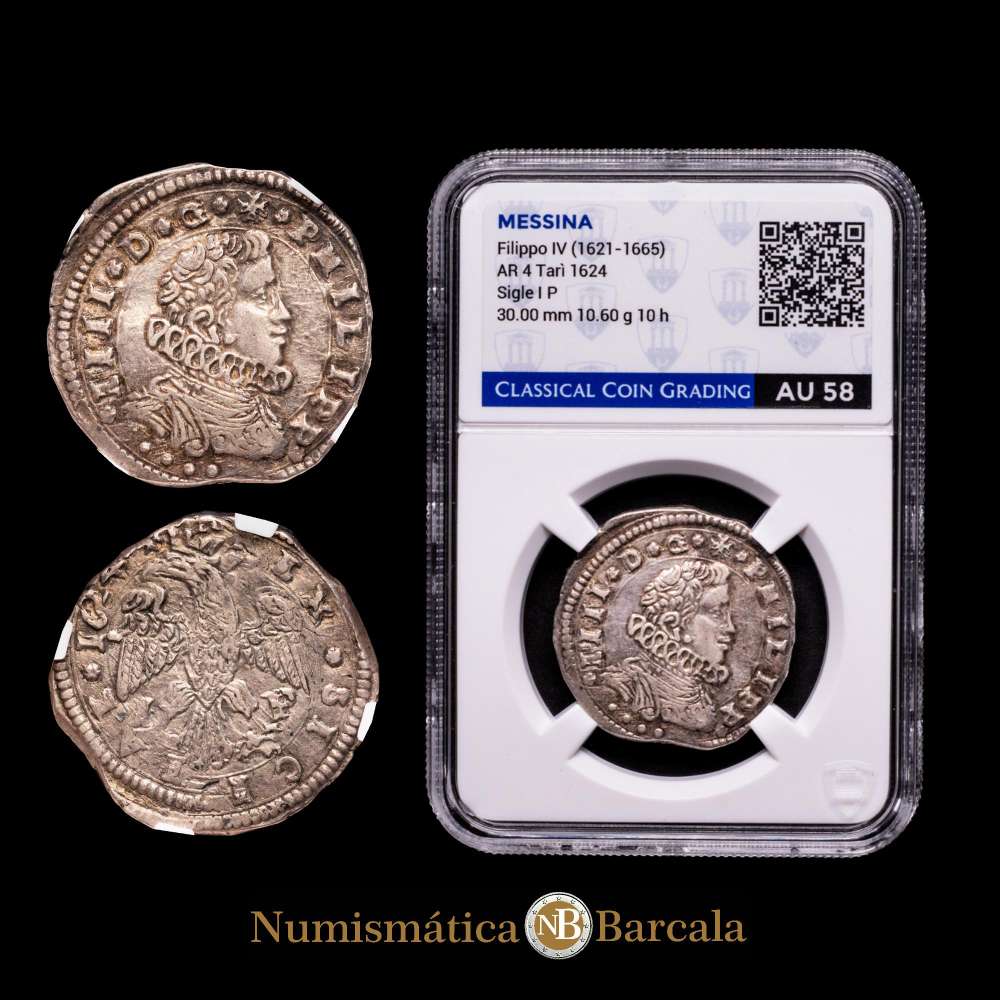 Felipe IV (1621-1665). 4 tari. 1624. Mesina.I P. (Tauler-2073). (Vti-171). (Mir-355/4). Ag. 10,60 gramos. Atractivo ejemplar. Encapsulado por CCG como AU 58. Bonita acuñación.