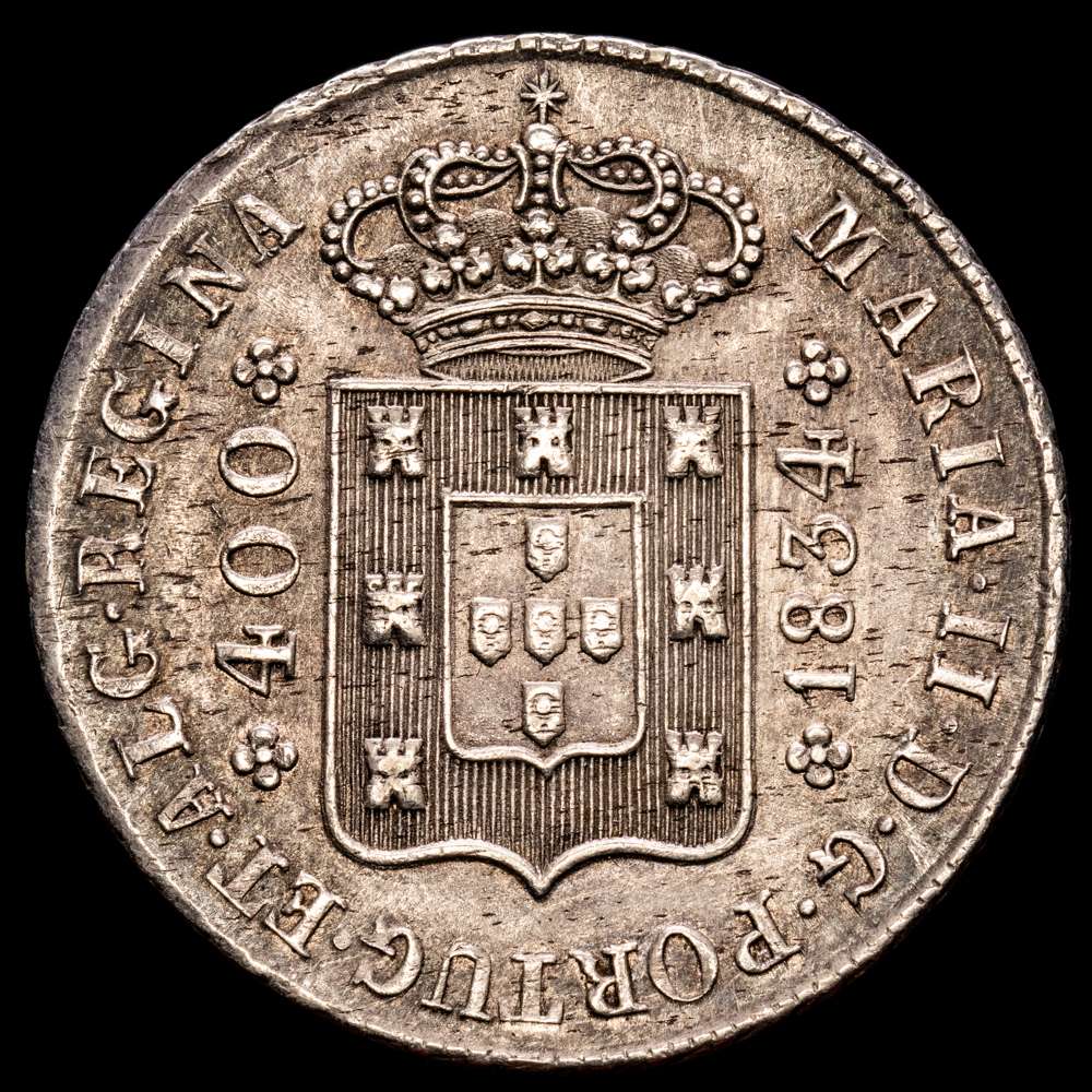 Portugal. D. María II (1834-1853). 400 reales. 1834. (Km-403,2). (Gomes-16.04). Ag. 14,55 gramos. EBC-. Atractiva pátina.