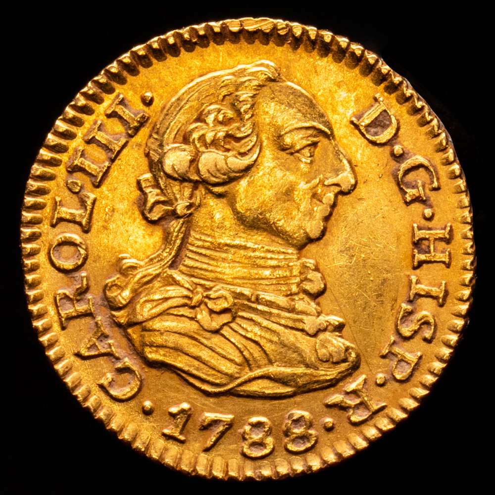 Carlos III (1759-1788). 1/2 escudo. 1788. Madrid. M/DV. (Cal-1285). Au. 1,76 g. Escasa. Bello color. EBC+.